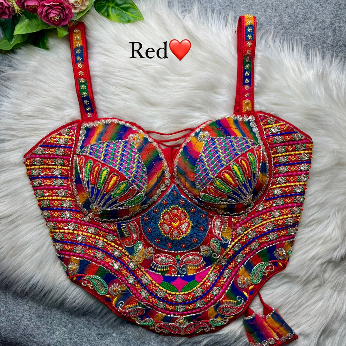 Red Pure Heavy Italian Soft Silk Beads Thread Real Mirror Work Navratri Blouse