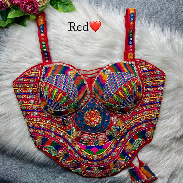 Red Pure Heavy Italian Soft Silk Beads Thread Real Mirror Work Navratri Blouse