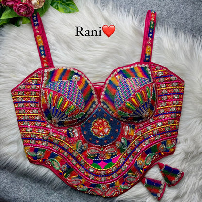 Rani Pure Heavy Italian Soft Silk Beads Thread Real Mirror Work Navratri Blouse