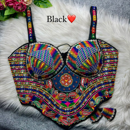 Black Pure Heavy Italian Soft Silk Beads Thread Real Mirror Work Navratri Blouse