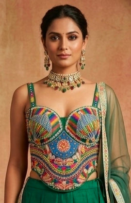 Green Pure Heavy Italian Soft Silk Beads Thread Real Mirror Work Navratri Blouse