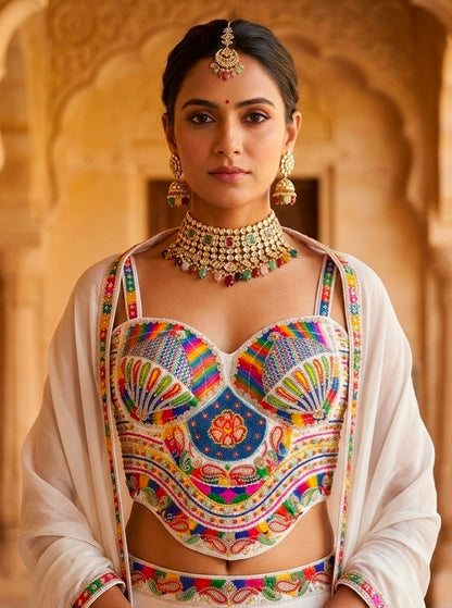 White Pure Heavy Italian Soft Silk Beads Thread Real Mirror Work Navratri Blouse
