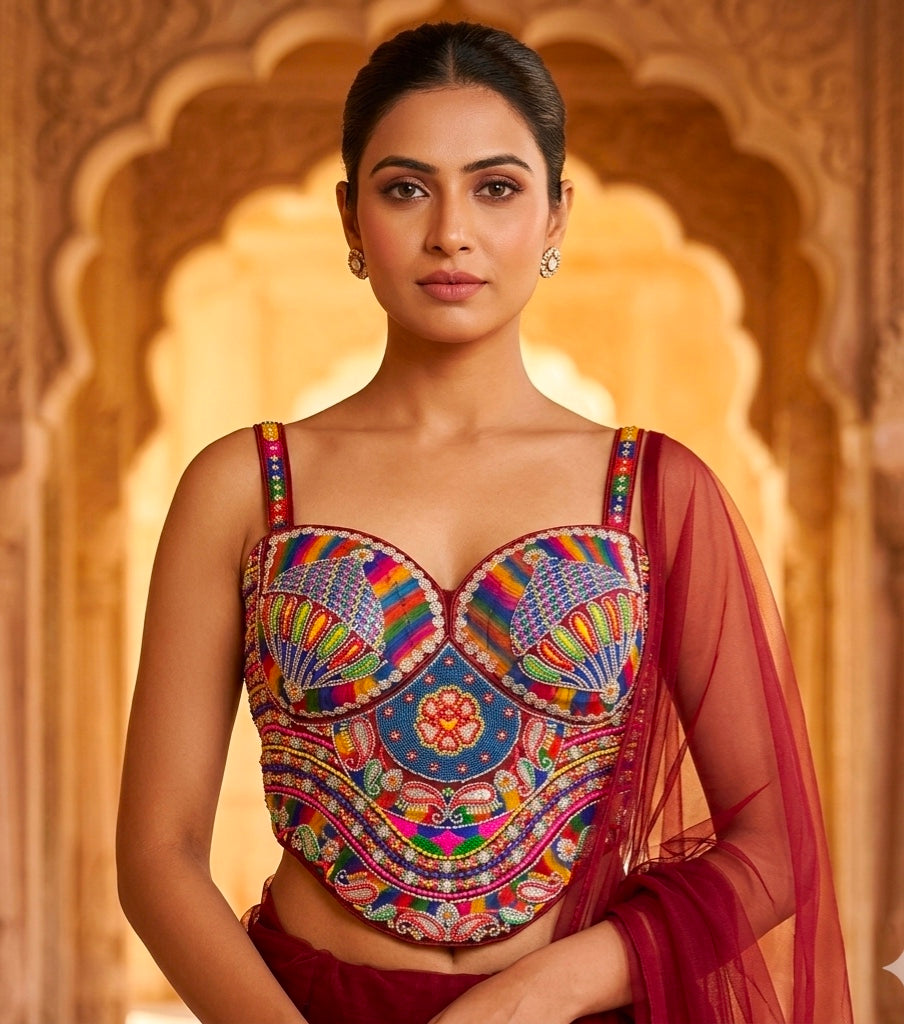 Maroon Pure Heavy Italian Soft Silk Beads Thread Real Mirror Work Navratri Blouse