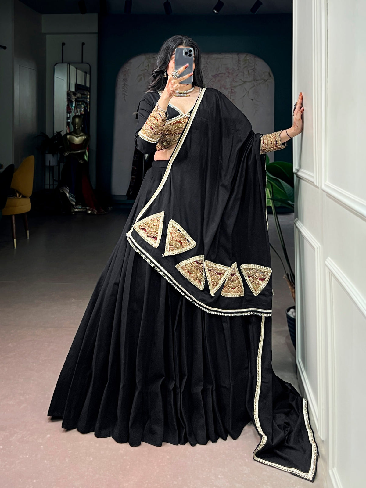 Black Pure Cotton Silk Gotta Patch Gamthi Work Navratri Lehenga Choli