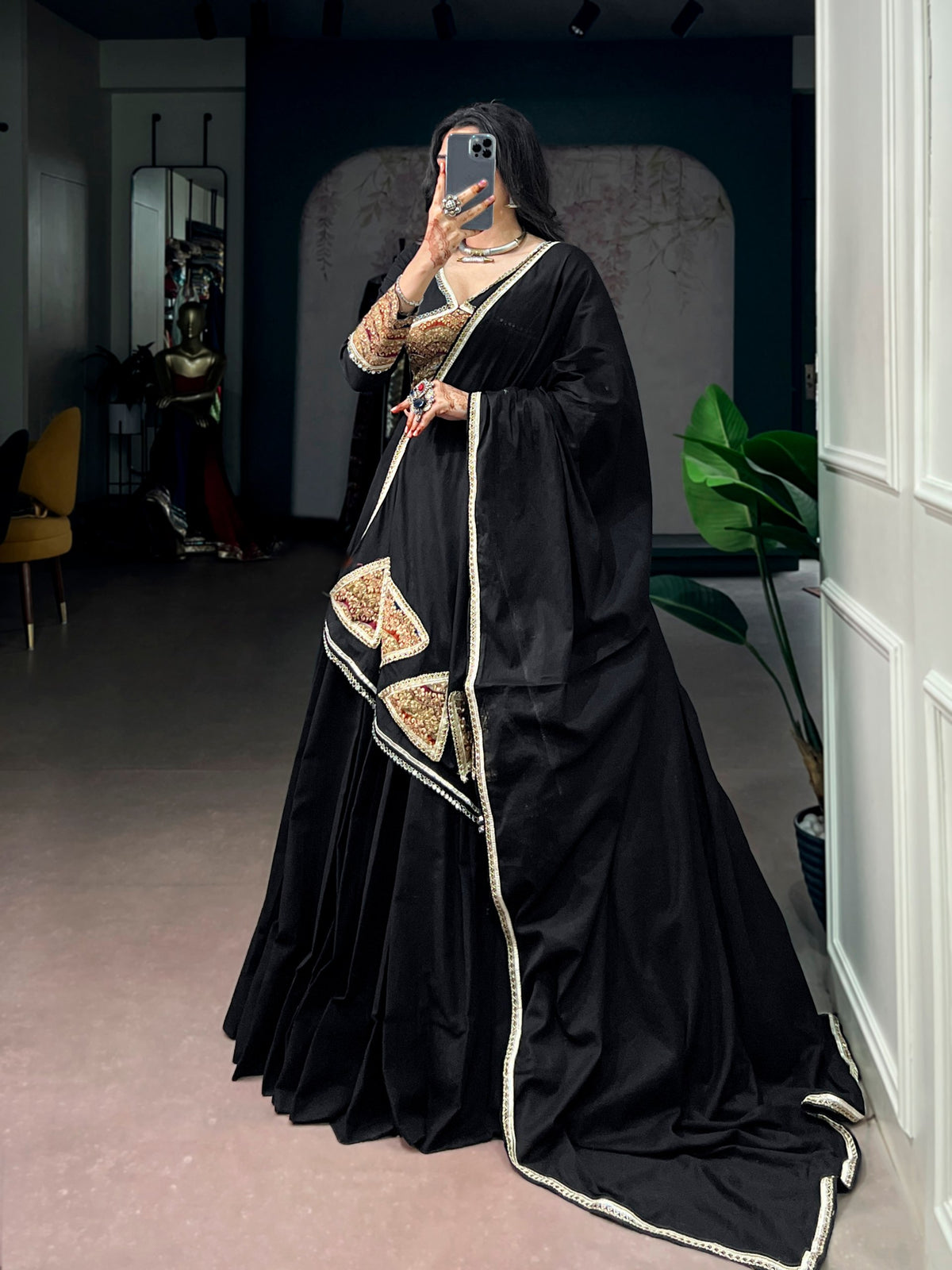Black Pure Cotton Silk Gotta Patch Gamthi Work Navratri Lehenga Choli