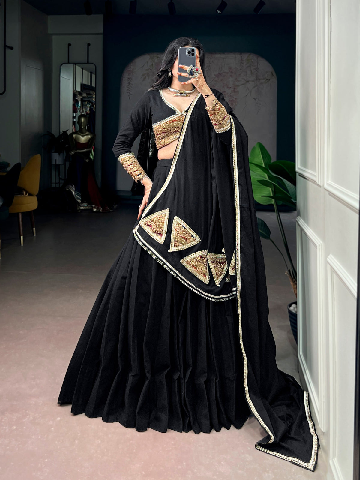 Black Pure Cotton Silk Gotta Patch Gamthi Work Navratri Lehenga Choli