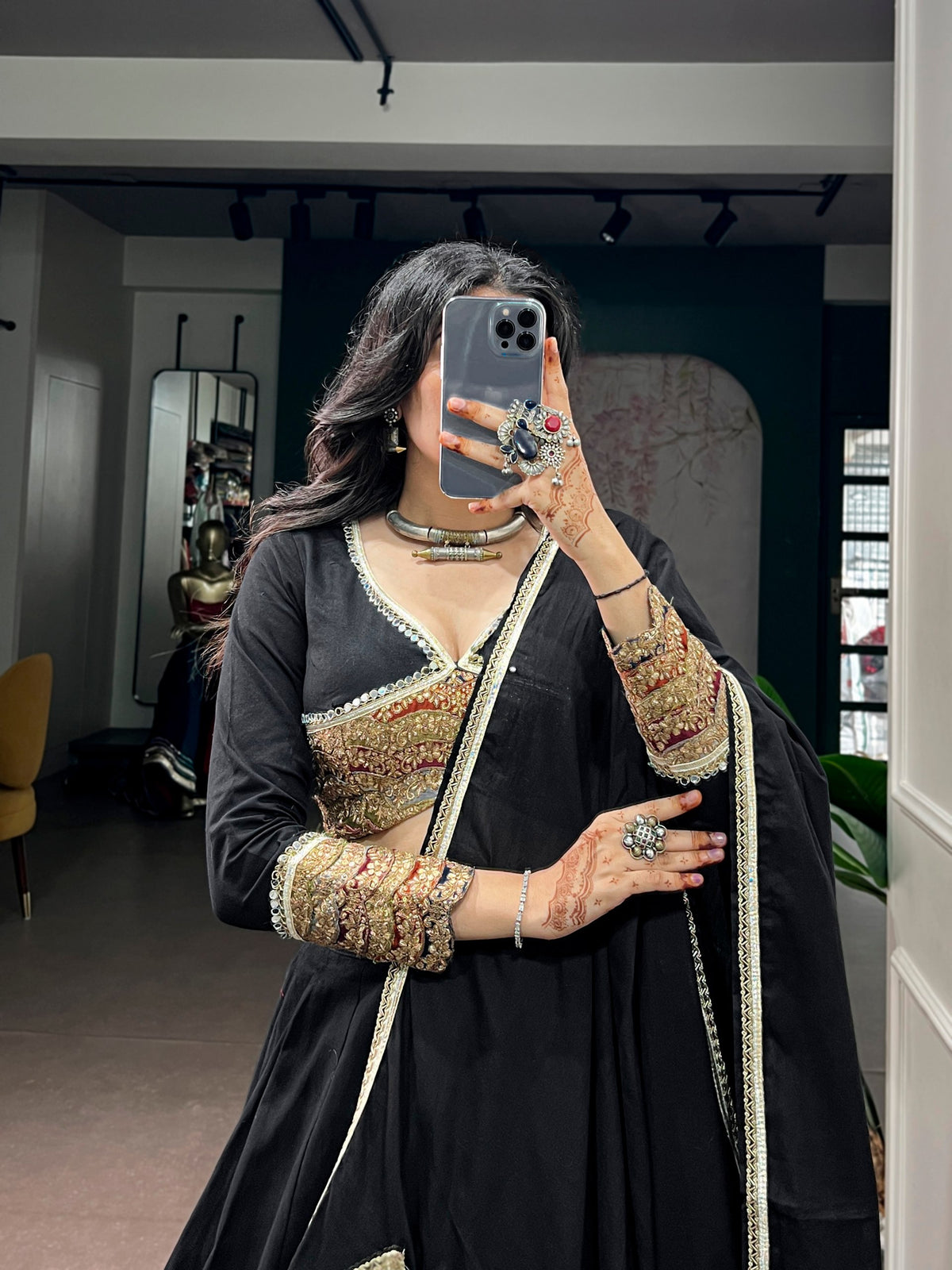 Black Pure Cotton Silk Gotta Patch Gamthi Work Navratri Lehenga Choli