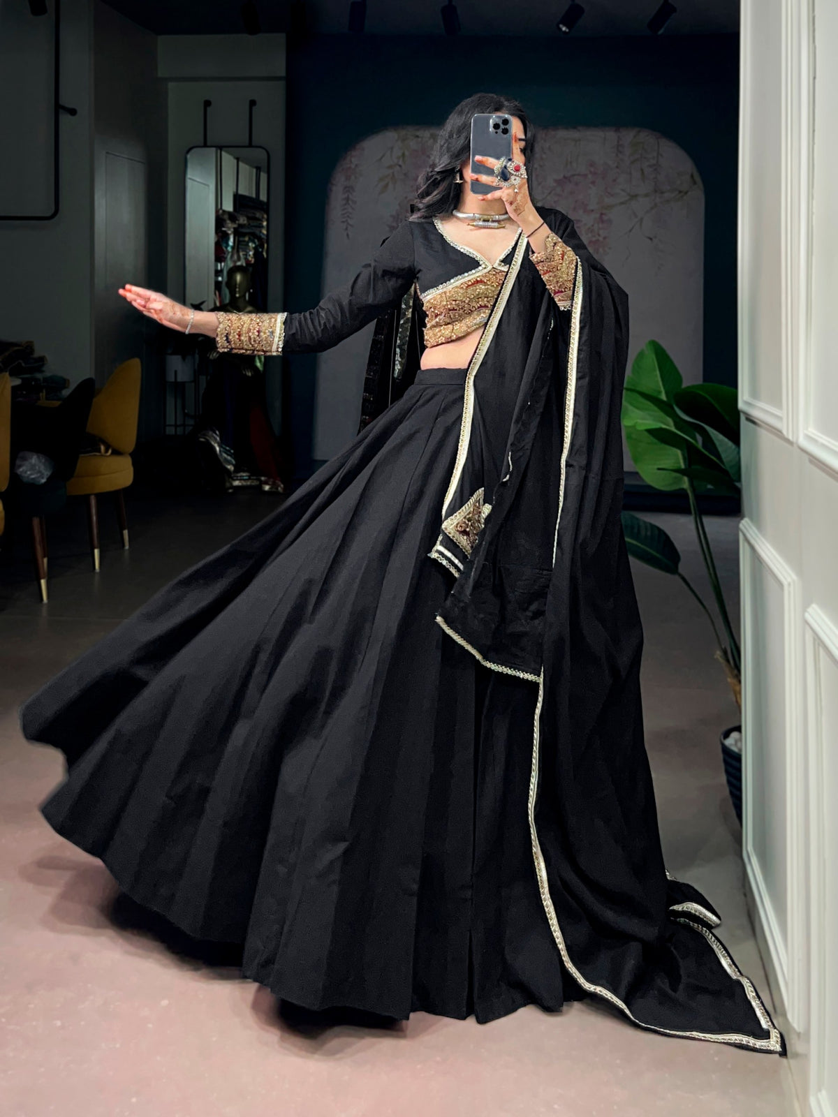 Black Pure Cotton Silk Gotta Patch Gamthi Work Navratri Lehenga Choli