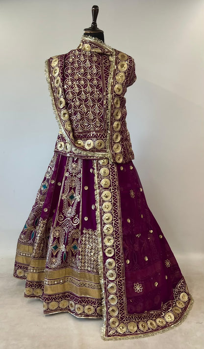 Wine Pure Georgette 08 Mtr Flair Gotta Patti Work Rajasthani Rajwadi Rajputi Lehenga Choli
