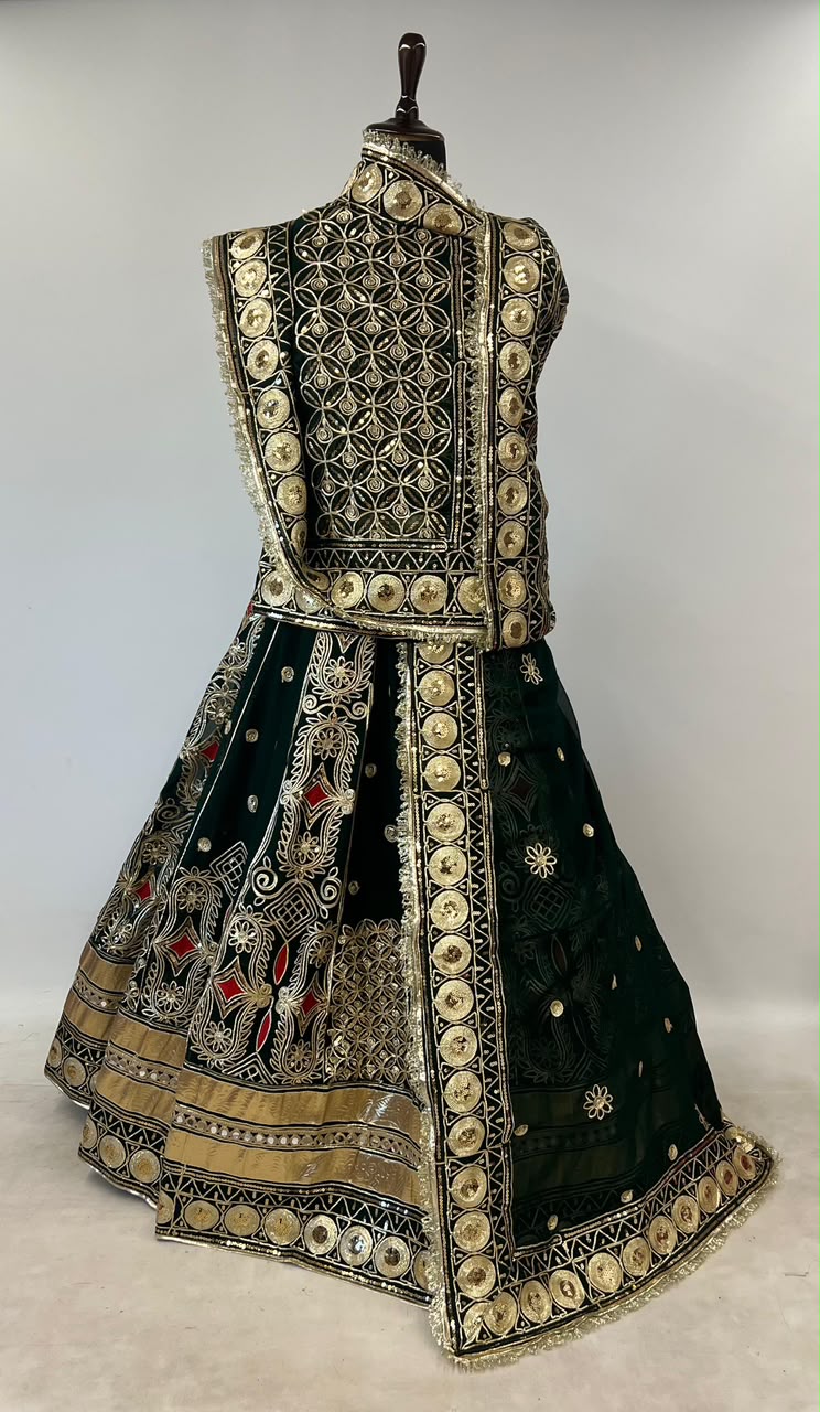Green Pure Georgette 08 Mtr Flair Gotta Patti Work Rajasthani Rajwadi Rajputi Lehenga Choli