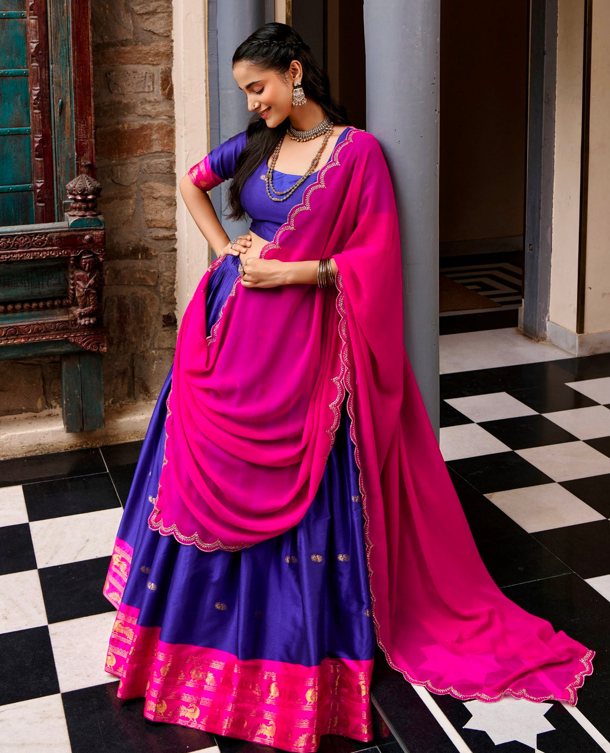 Navy Blue Pure Cotton Silk Elegant Zari Weaving Work South Indian Lehenga Choli
