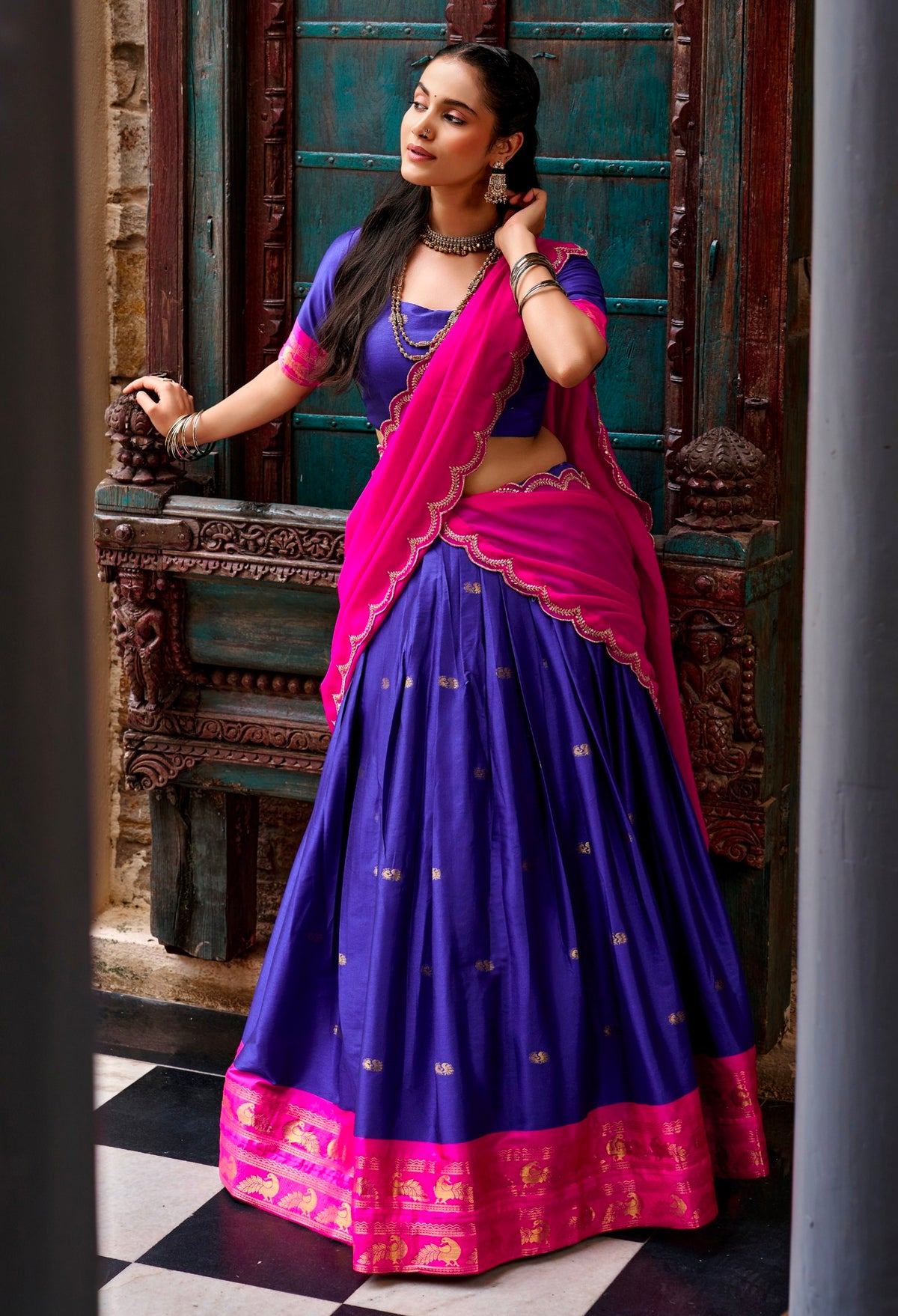 Navy Blue Pure Cotton Silk Elegant Zari Weaving Work South Indian Lehenga Choli