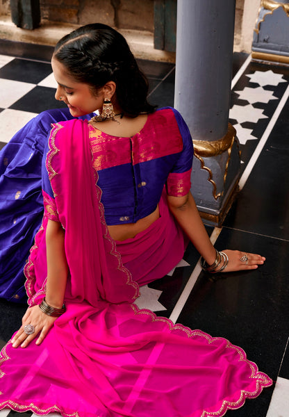 Navy Blue Pure Cotton Silk Elegant Zari Weaving Work South Indian Lehenga Choli