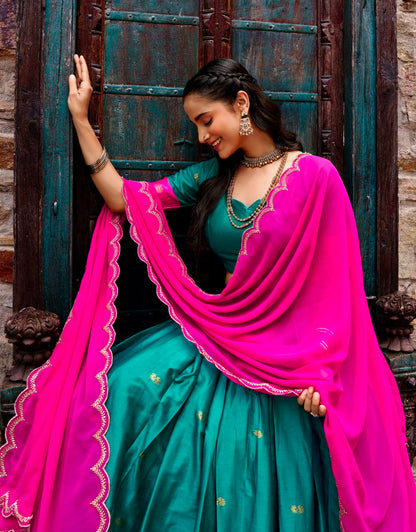 Pink Pure Cotton Silk Elegant Zari Weaving Work South Indian Lehenga Choli