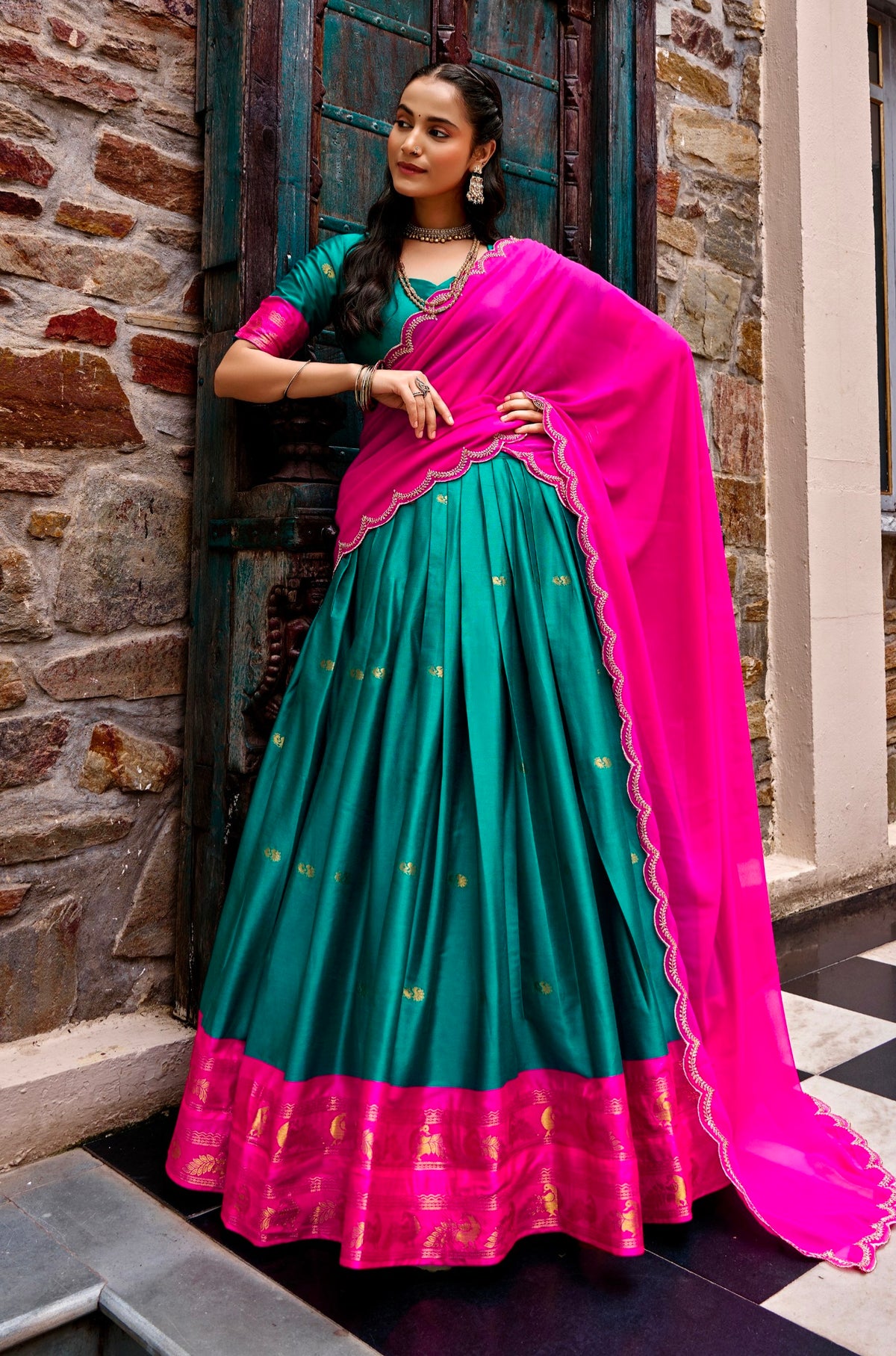 Pink Pure Cotton Silk Elegant Zari Weaving Work South Indian Lehenga Choli