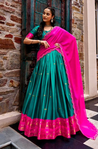 Pink Pure Cotton Silk Elegant Zari Weaving Work South Indian Lehenga Choli