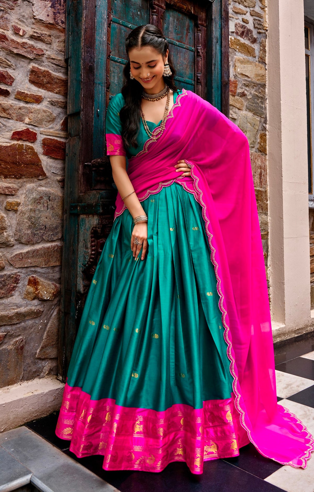 Pink Pure Cotton Silk Elegant Zari Weaving Work South Indian Lehenga Choli