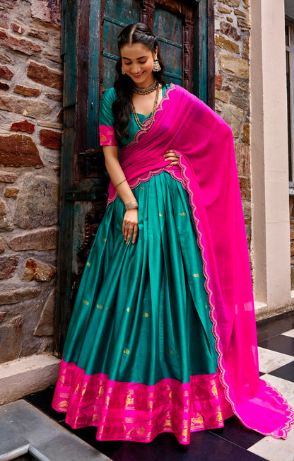Pink Pure Cotton Silk Elegant Zari Weaving Work South Indian Lehenga Choli