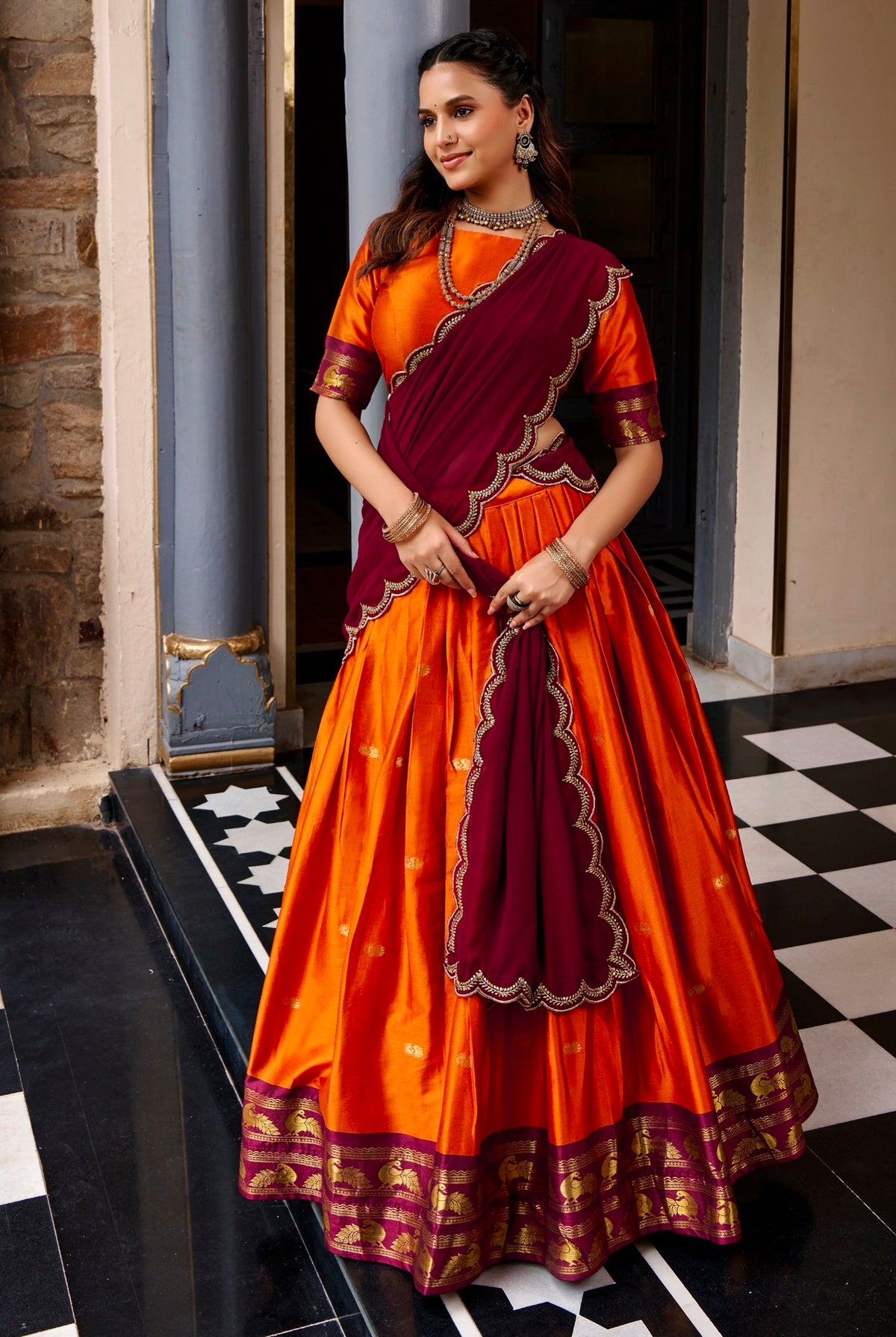 Orange Pure Cotton Silk Elegant Zari Weaving Work South Indian Lehenga Choli