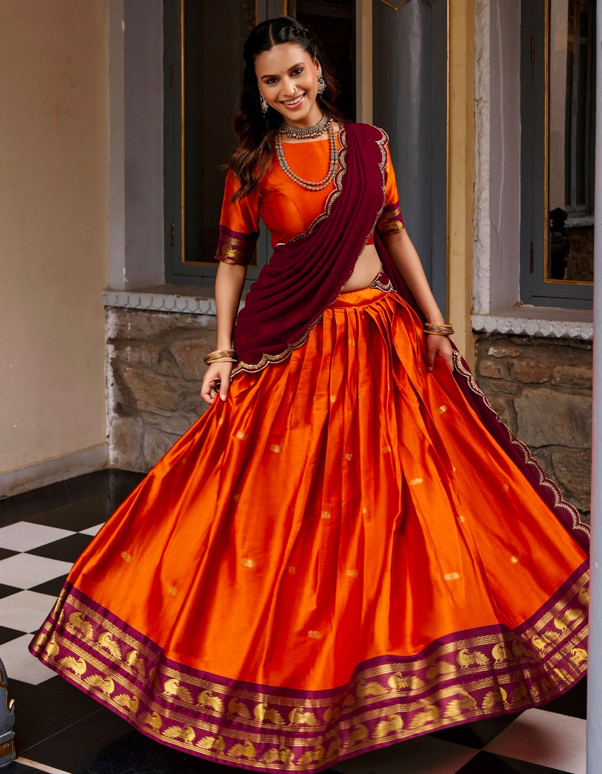 Orange Pure Cotton Silk Elegant Zari Weaving Work South Indian Lehenga Choli
