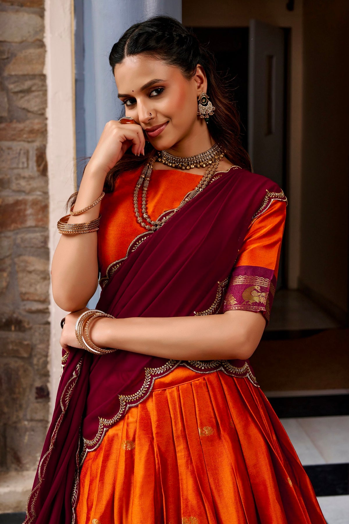 Orange Pure Cotton Silk Elegant Zari Weaving Work South Indian Lehenga Choli