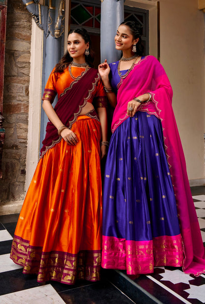 Orange Pure Cotton Silk Elegant Zari Weaving Work South Indian Lehenga Choli
