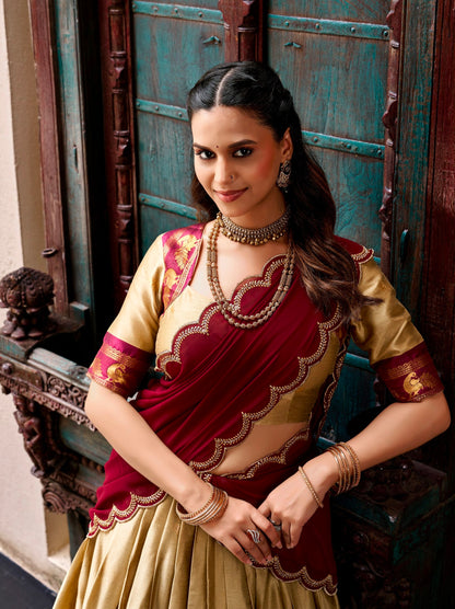 Chiku Pure Cotton Silk Elegant Zari Weaving Work South Indian Lehenga Choli