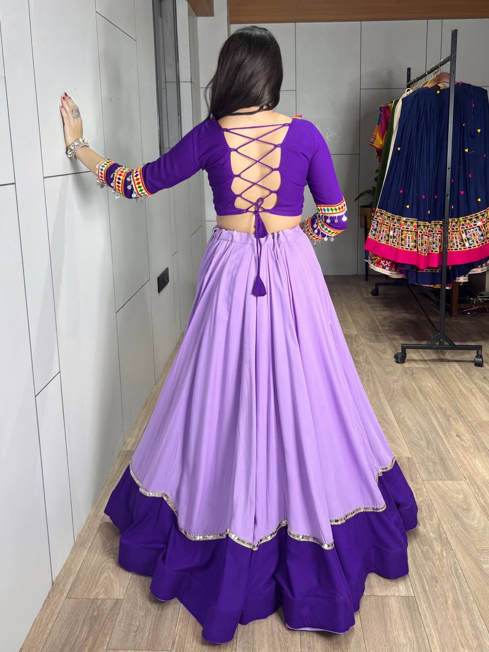 Purple Pure Rayon Cotton Golden "Kalash" Patch Work Navratri Lehenga Choli