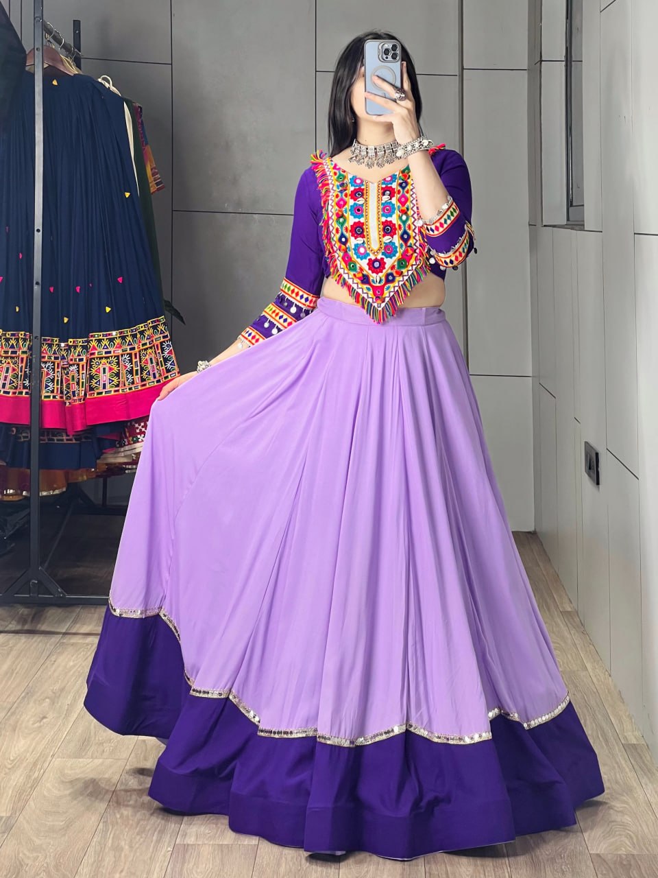 Purple Pure Rayon Cotton Golden "Kalash" Patch Work Navratri Lehenga Choli
