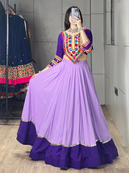 Purple Pure Rayon Cotton Golden "Kalash" Patch Work Navratri Lehenga Choli