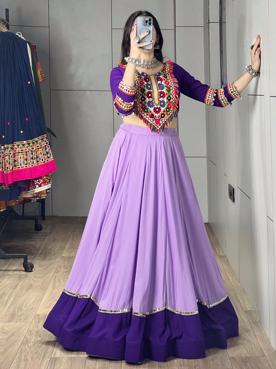 Purple Pure Rayon Cotton Golden "Kalash" Patch Work Navratri Lehenga Choli