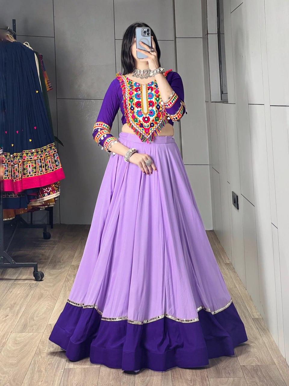 Purple Pure Rayon Cotton Golden "Kalash" Patch Work Navratri Lehenga Choli