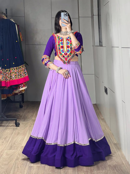 Purple Pure Rayon Cotton Golden "Kalash" Patch Work Navratri Lehenga Choli