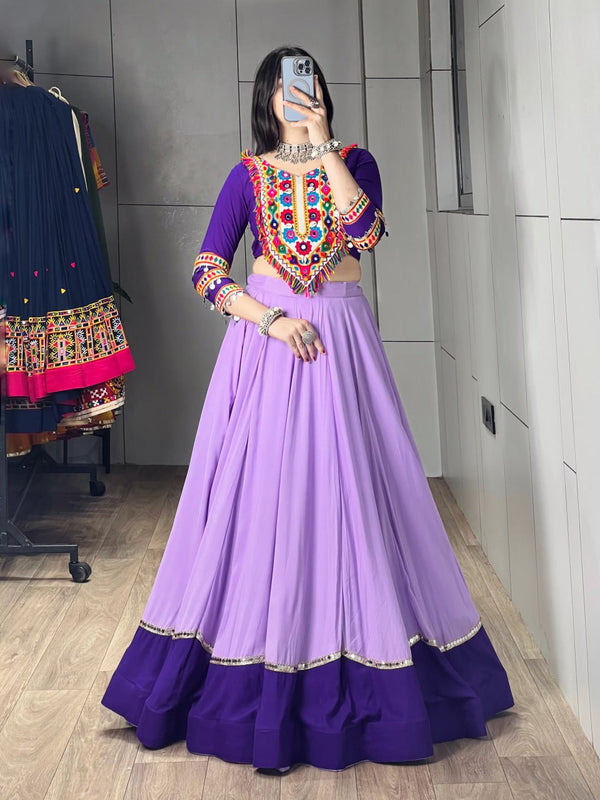 Purple Pure Rayon Cotton Golden "Kalash" Patch Work Navratri Lehenga Choli