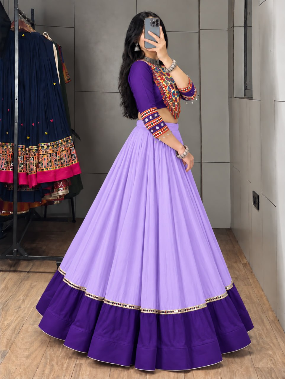 Purple Pure Rayon Cotton Golden "Kalash" Patch Work Navratri Lehenga Choli