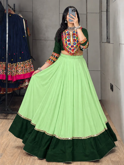 Parrot Pure Rayon Cotton Golden "Kalash" Patch Work Navratri Lehenga Choli