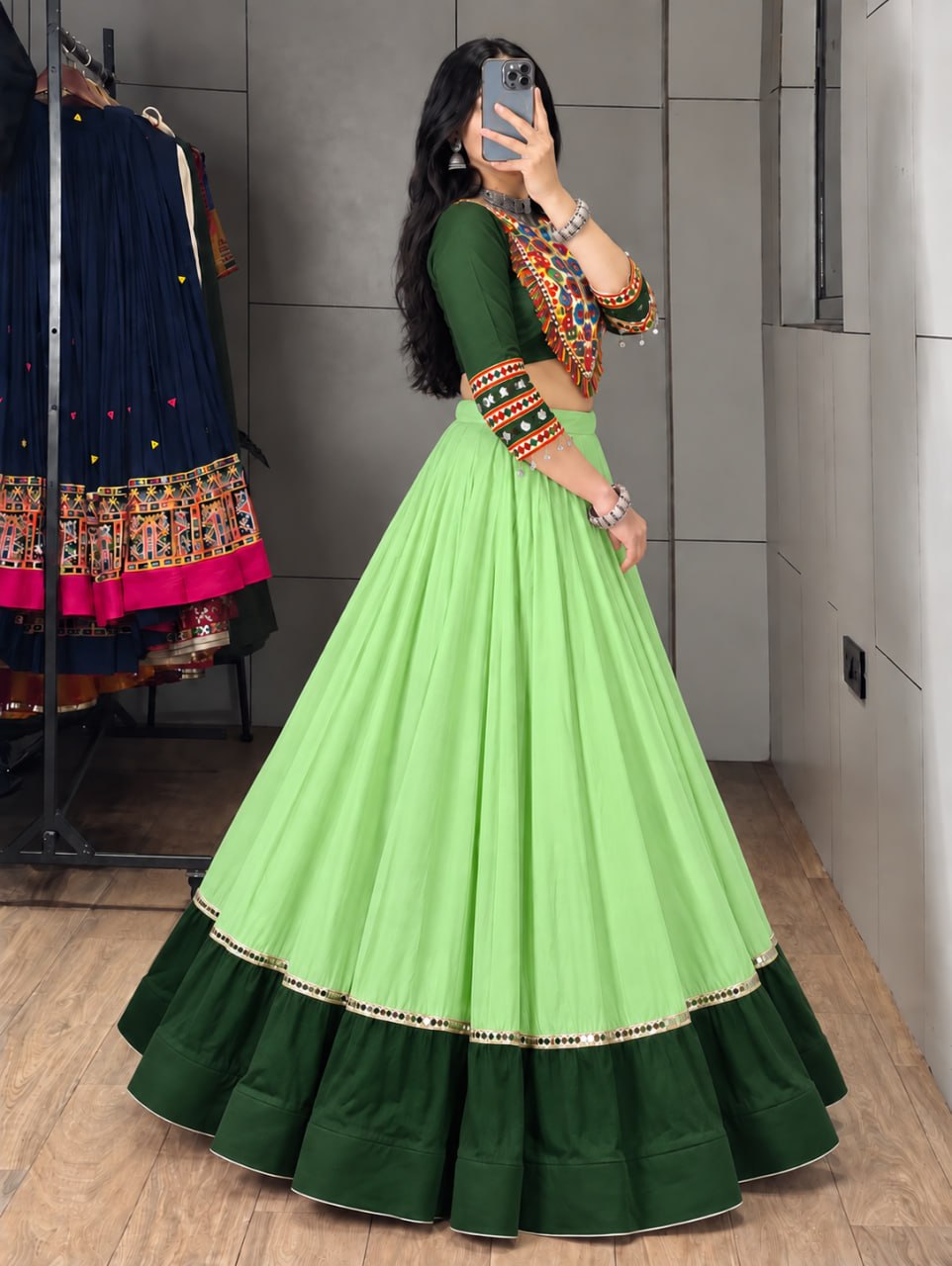 Parrot Pure Rayon Cotton Golden "Kalash" Patch Work Navratri Lehenga Choli