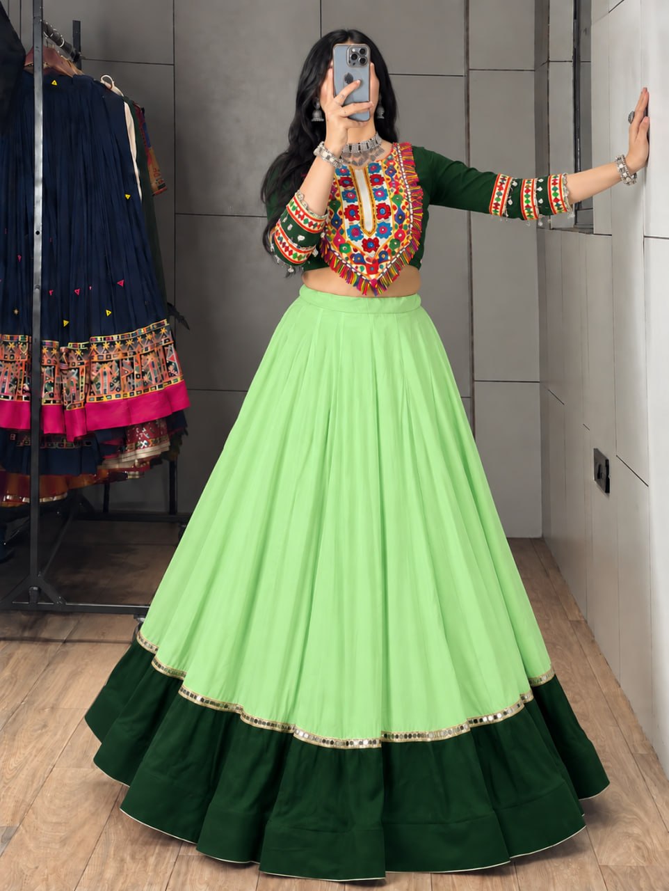 Parrot Pure Rayon Cotton Golden "Kalash" Patch Work Navratri Lehenga Choli