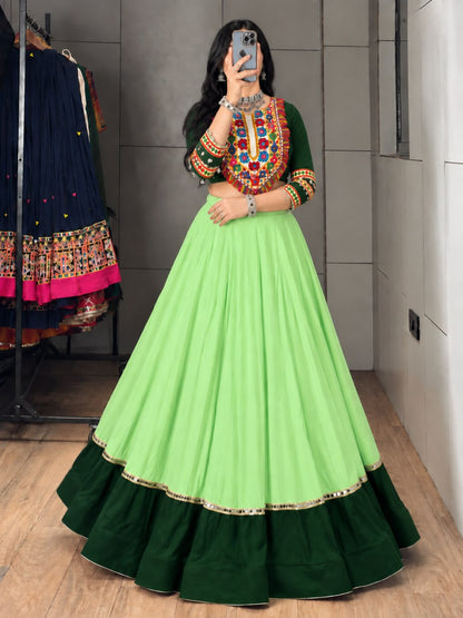 Parrot Pure Rayon Cotton Golden "Kalash" Patch Work Navratri Lehenga Choli