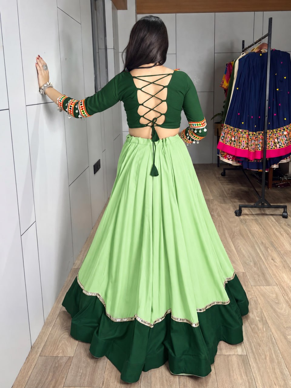 Parrot Pure Rayon Cotton Golden "Kalash" Patch Work Navratri Lehenga Choli