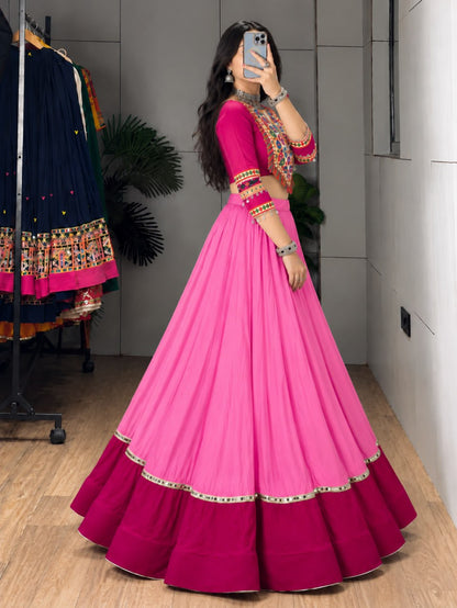 Pink Pure Rayon Cotton Golden "Kalash" Patch Work Navratri Lehenga Choli