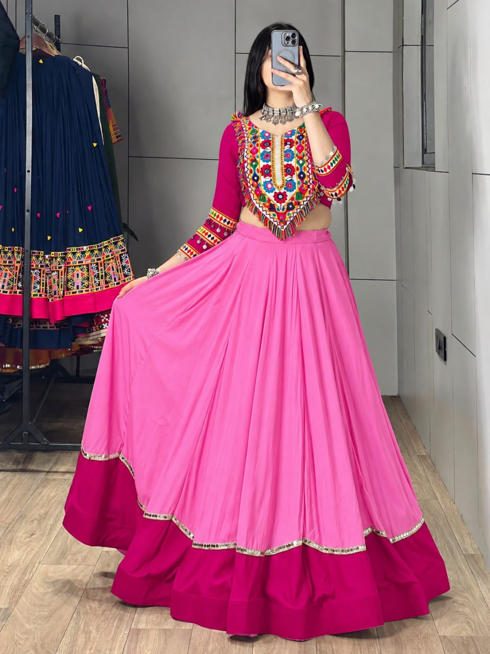 Pink Pure Rayon Cotton Golden "Kalash" Patch Work Navratri Lehenga Choli