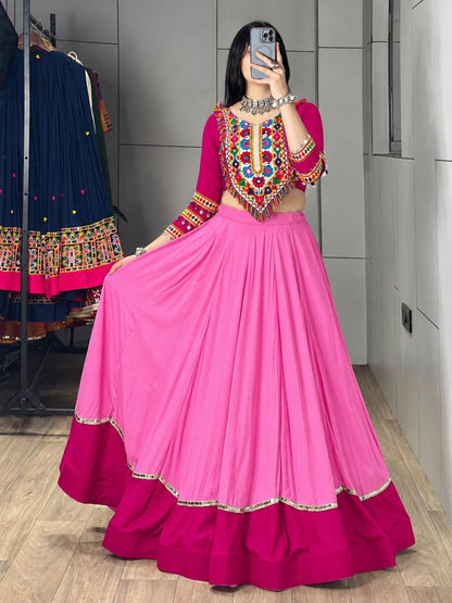 Pink Pure Rayon Cotton Golden "Kalash" Patch Work Navratri Lehenga Choli