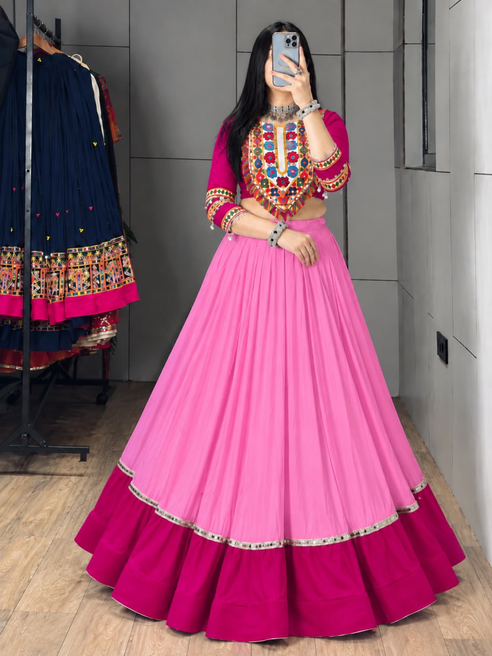 Pink Pure Rayon Cotton Golden "Kalash" Patch Work Navratri Lehenga Choli