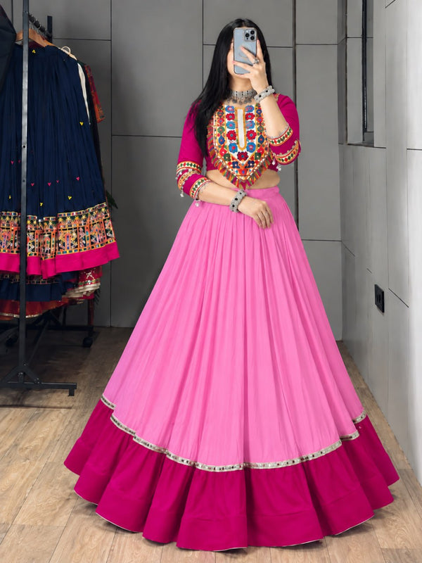 Pink Pure Rayon Cotton Golden "Kalash" Patch Work Navratri Lehenga Choli