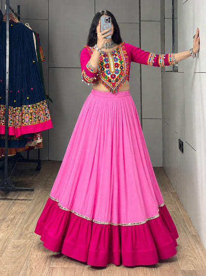 Pink Pure Rayon Cotton Golden "Kalash" Patch Work Navratri Lehenga Choli