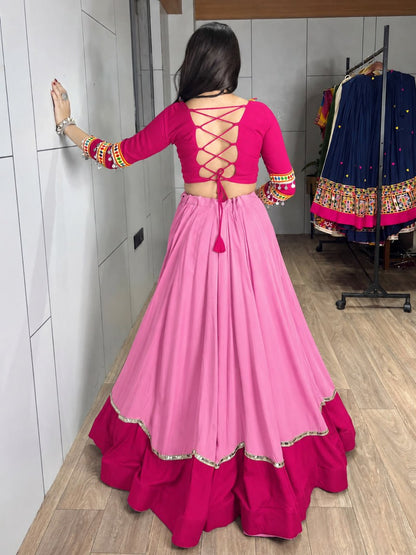 Pink Pure Rayon Cotton Golden "Kalash" Patch Work Navratri Lehenga Choli