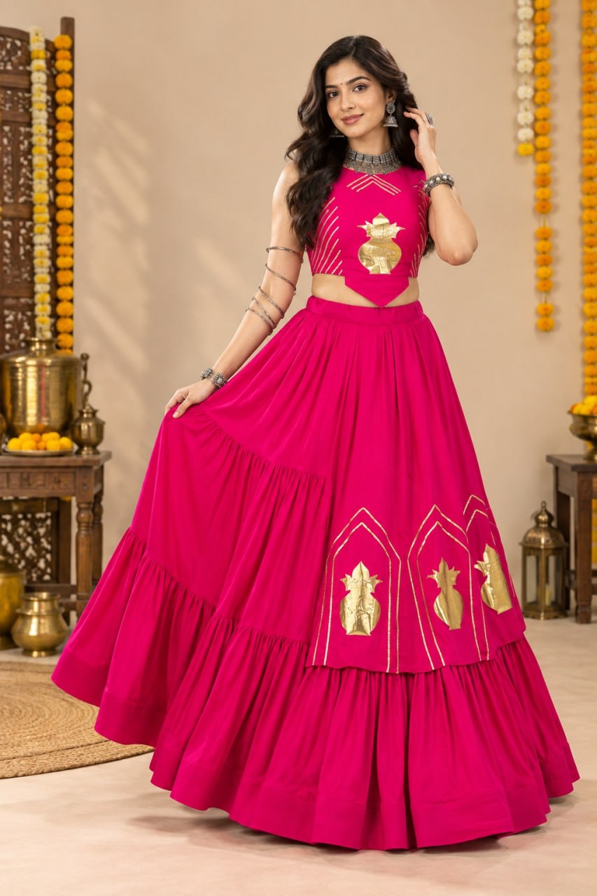 Pink Pure Rayon Cotton Golden "Chitra" Patch Work Navratri Lehenga Choli