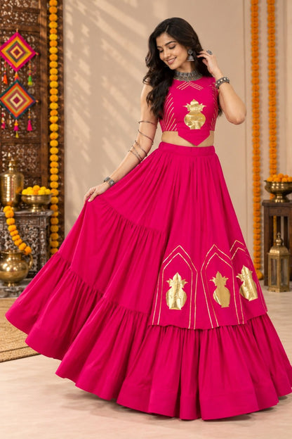 Pink Pure Rayon Cotton Golden "Chitra" Patch Work Navratri Lehenga Choli