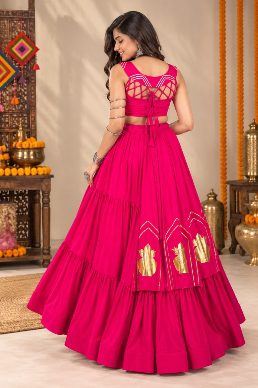 Pink Pure Rayon Cotton Golden "Chitra" Patch Work Navratri Lehenga Choli
